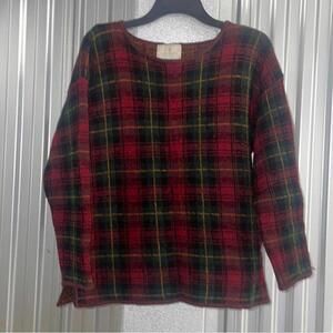 Vintage Express Wool Blend Red Window Buffalo Check Plaid Sweater Boxy